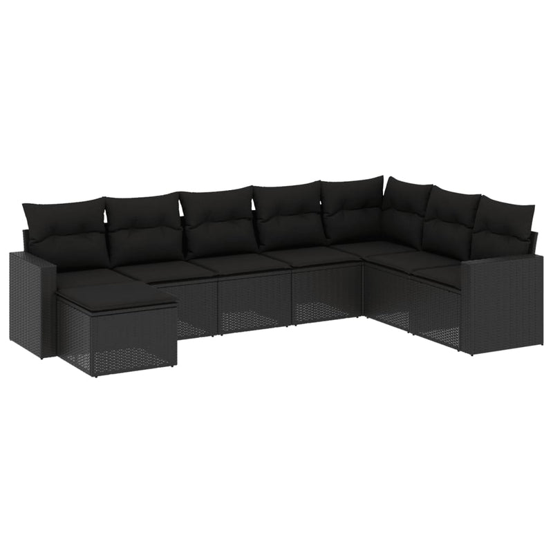 8-delige Loungeset met kussens poly rattan zwart