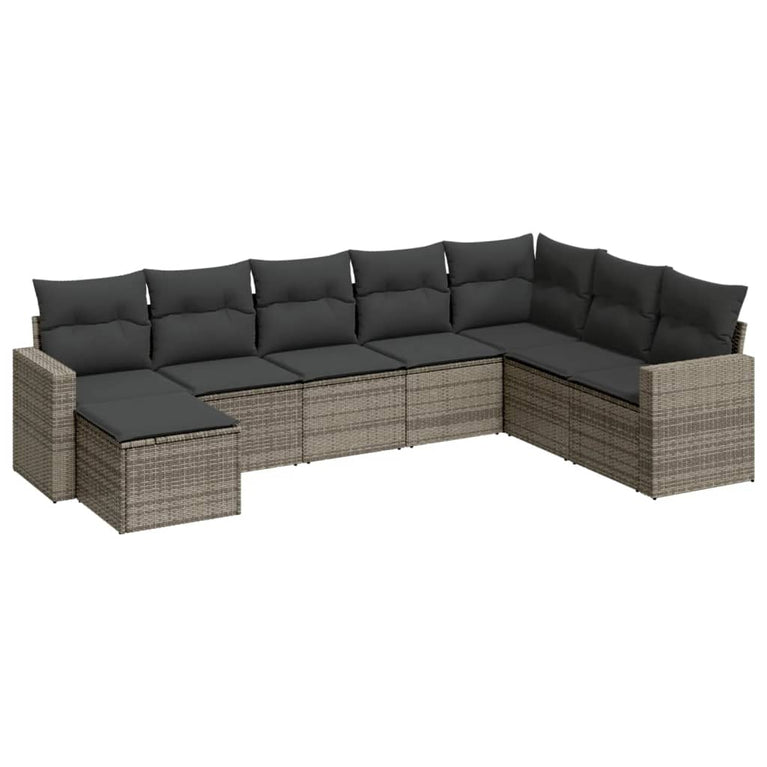 8-delige Loungeset met kussens poly rattan grijs