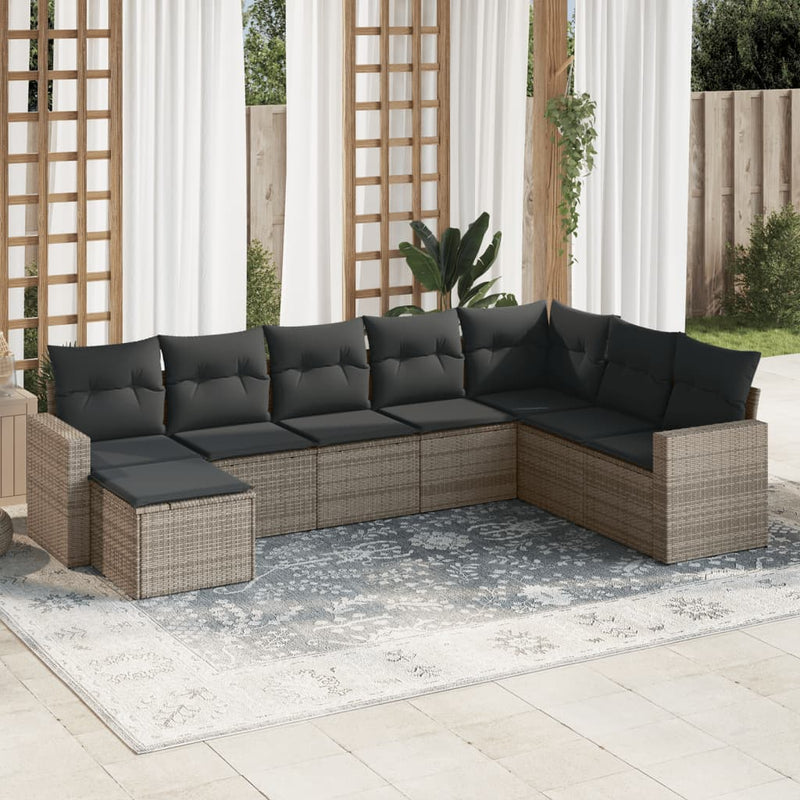8-delige Loungeset met kussens poly rattan grijs