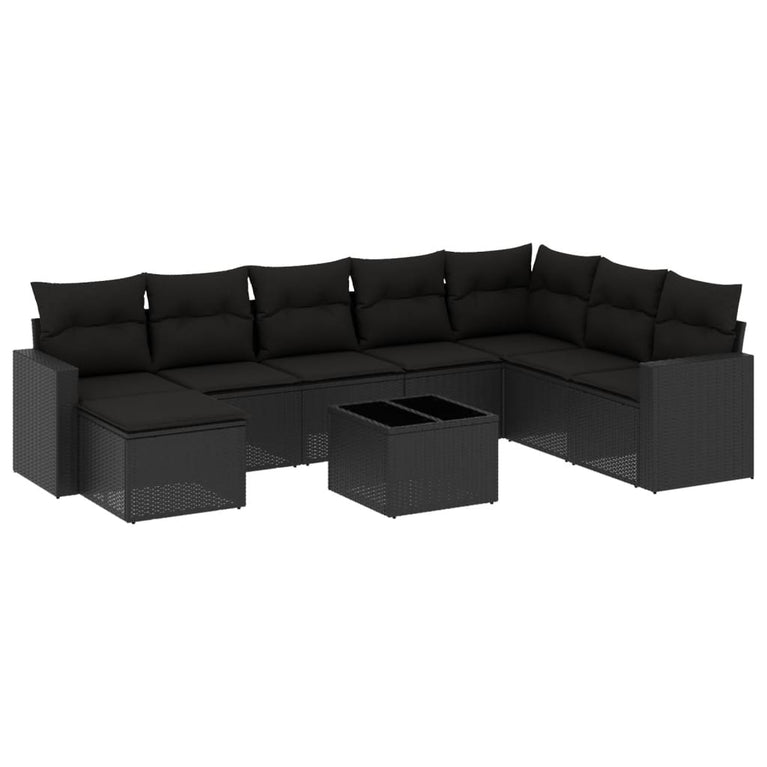 9-delige Loungeset met kussens poly rattan zwart