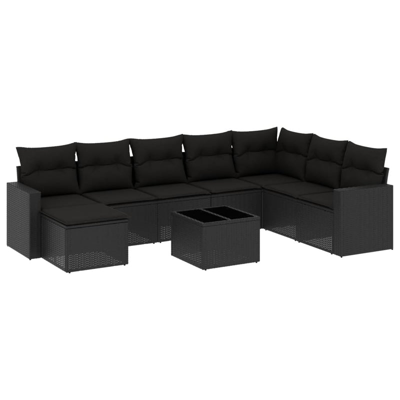 9-delige Loungeset met kussens poly rattan zwart