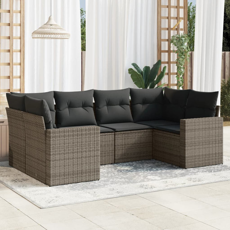 6-delige Loungeset met kussens poly rattan grijs