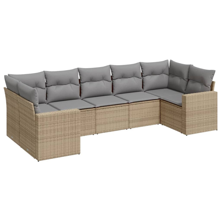 7-delige Loungeset met kussens poly rattan beige