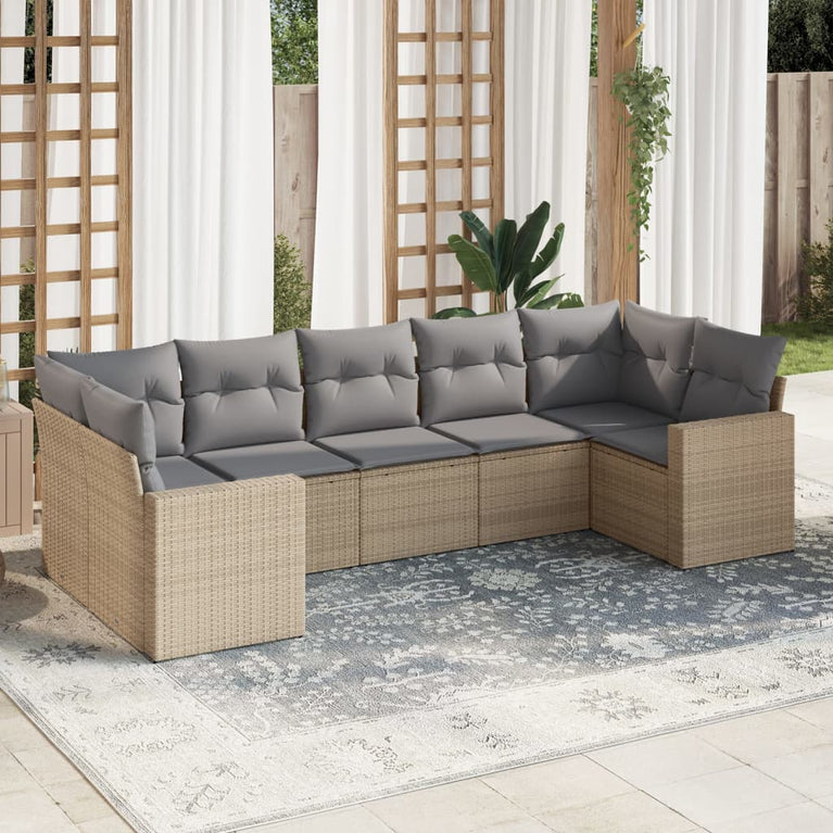 7-delige Loungeset met kussens poly rattan beige