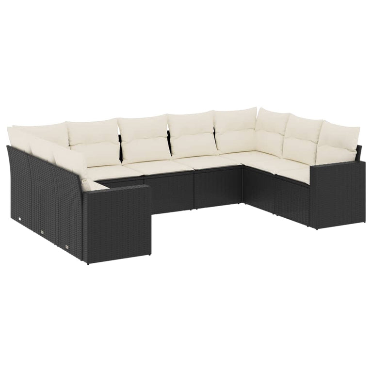 9-delige Loungeset met kussens poly rattan zwart