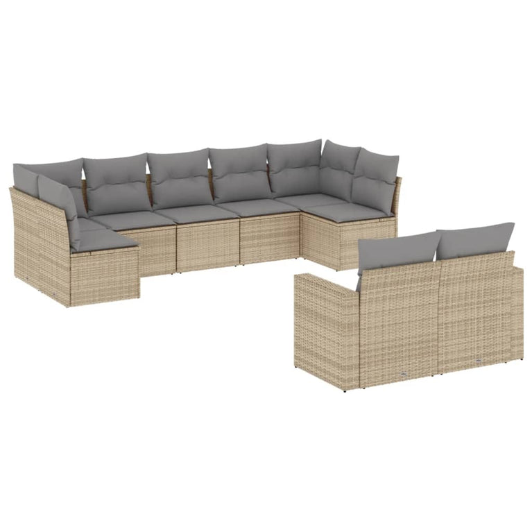9-delige Loungeset met kussens poly rattan beige