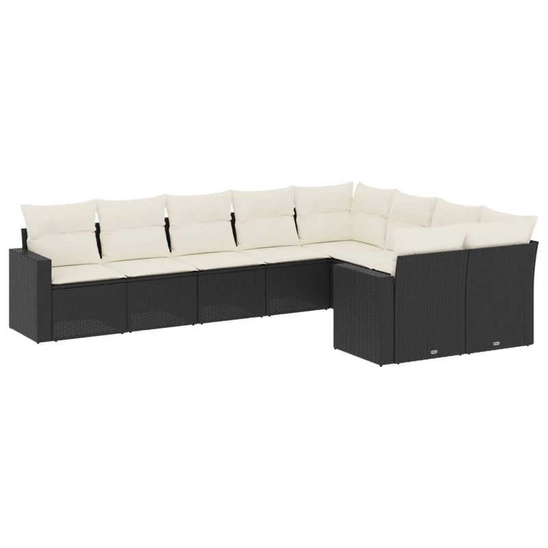 9-delige Loungeset met kussens poly rattan zwart