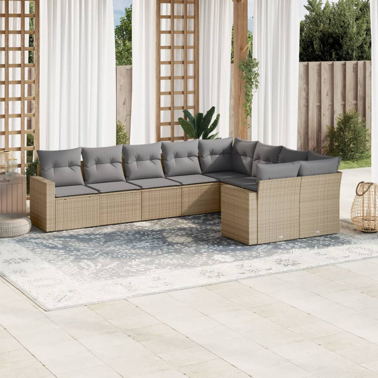 9-delige Loungeset met kussens poly rattan beige