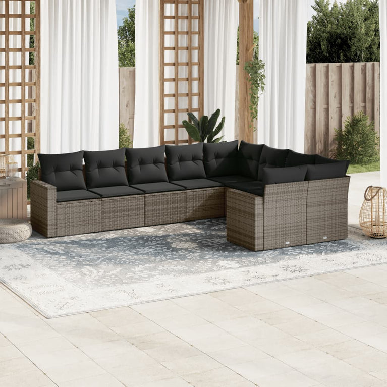 9-delige Loungeset met kussens poly rattan grijs