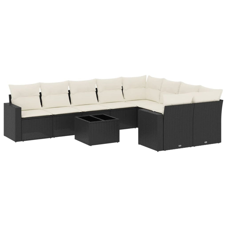 10-delige Loungeset met kussens poly rattan zwart
