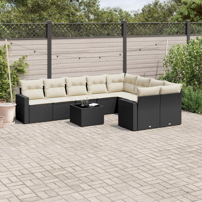 10-delige Loungeset met kussens poly rattan zwart