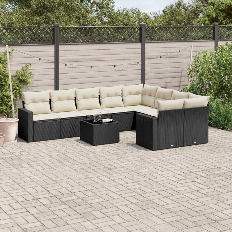 10-delige Loungeset met kussens poly rattan zwart