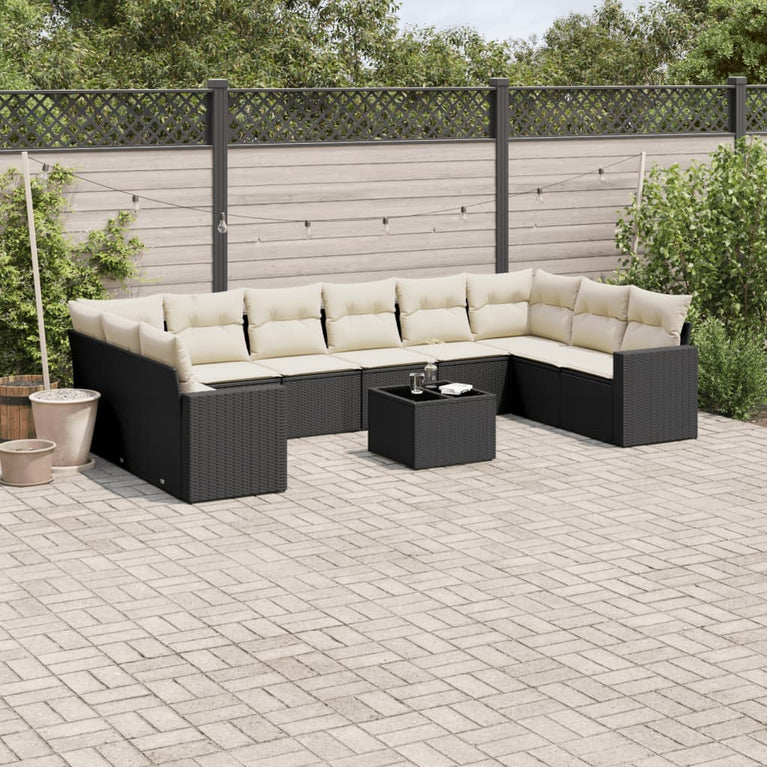 11-delige Loungeset met kussens poly rattan zwart