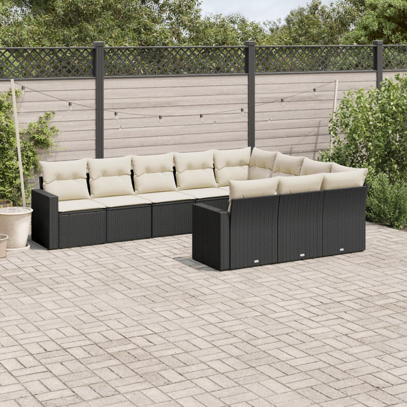 10-delige Loungeset met kussens poly rattan zwart