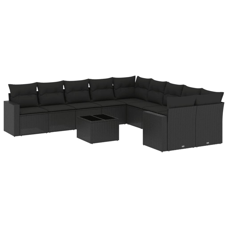 11-delige Loungeset met kussens poly rattan zwart