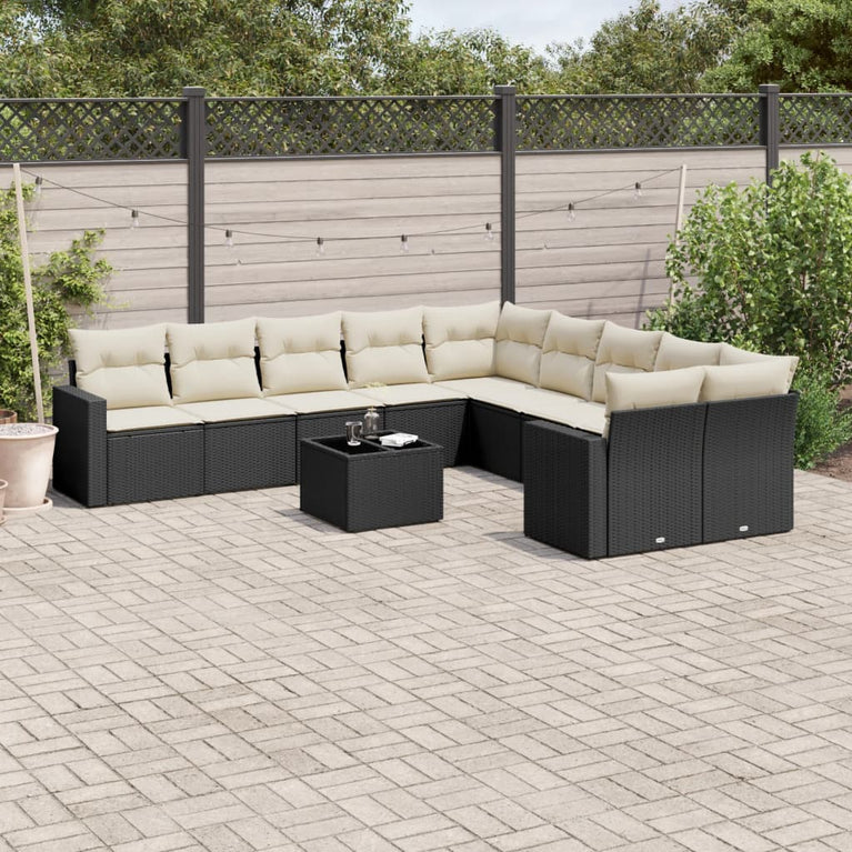 11-delige Loungeset met kussens poly rattan zwart