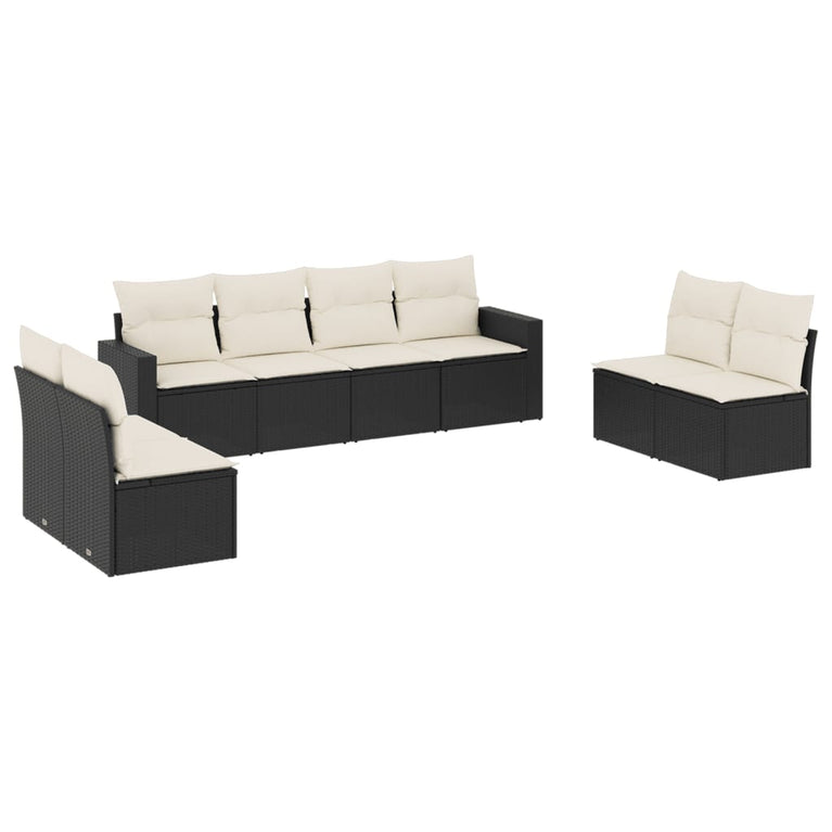 8-delige Loungeset met kussens poly rattan zwart