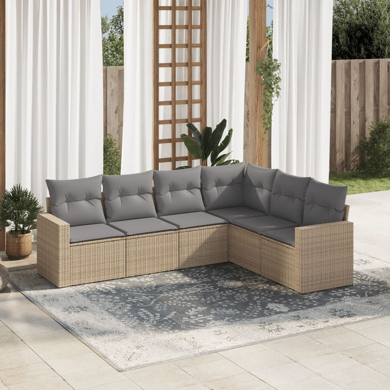 6-delige Loungeset met kussens poly rattan beige
