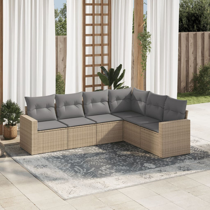 6-delige Loungeset met kussens poly rattan beige