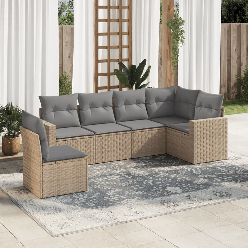 6-delige Loungeset met kussens poly rattan beige