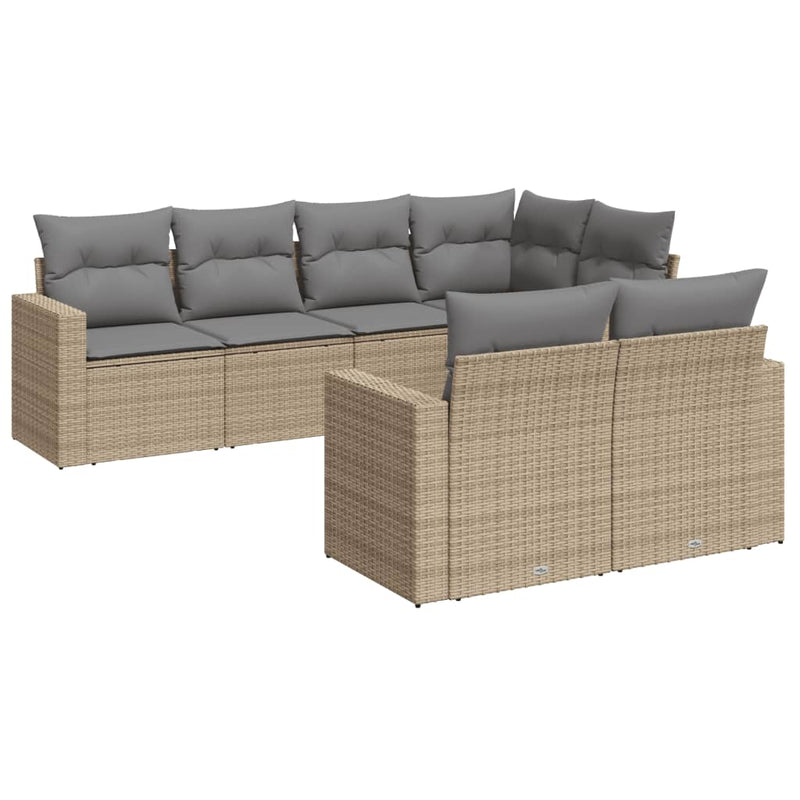 7-delige Loungeset met kussens poly rattan beige