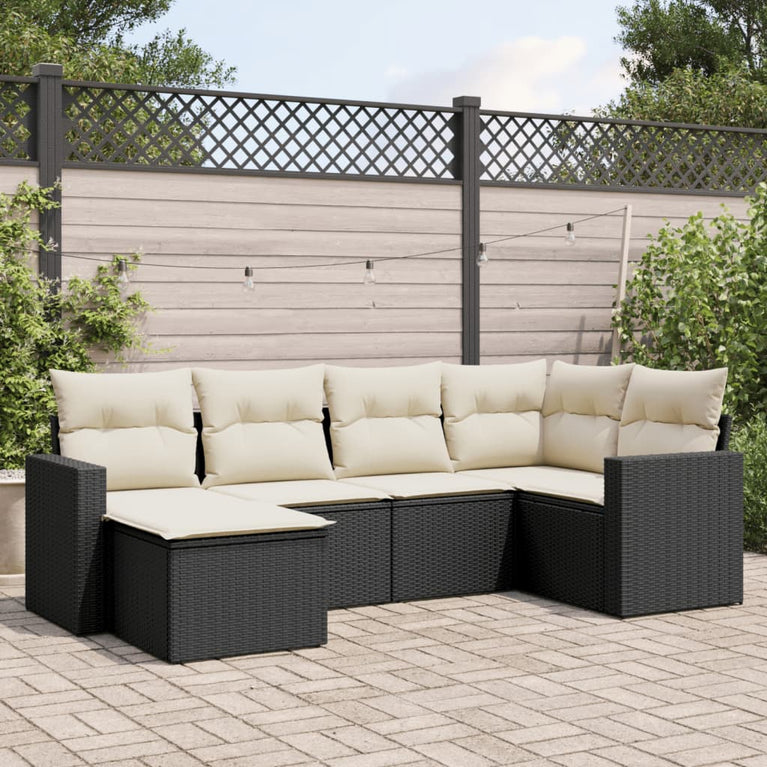 6-delige Loungeset met kussens poly rattan zwart