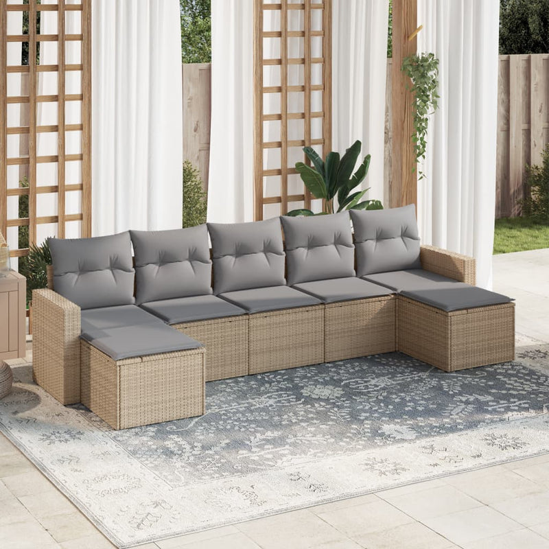 7-delige Loungeset met kussens poly rattan beige