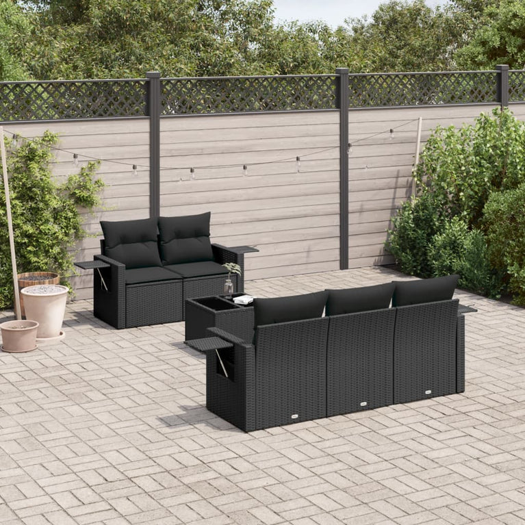 6-delige Loungeset met kussens poly rattan zwart