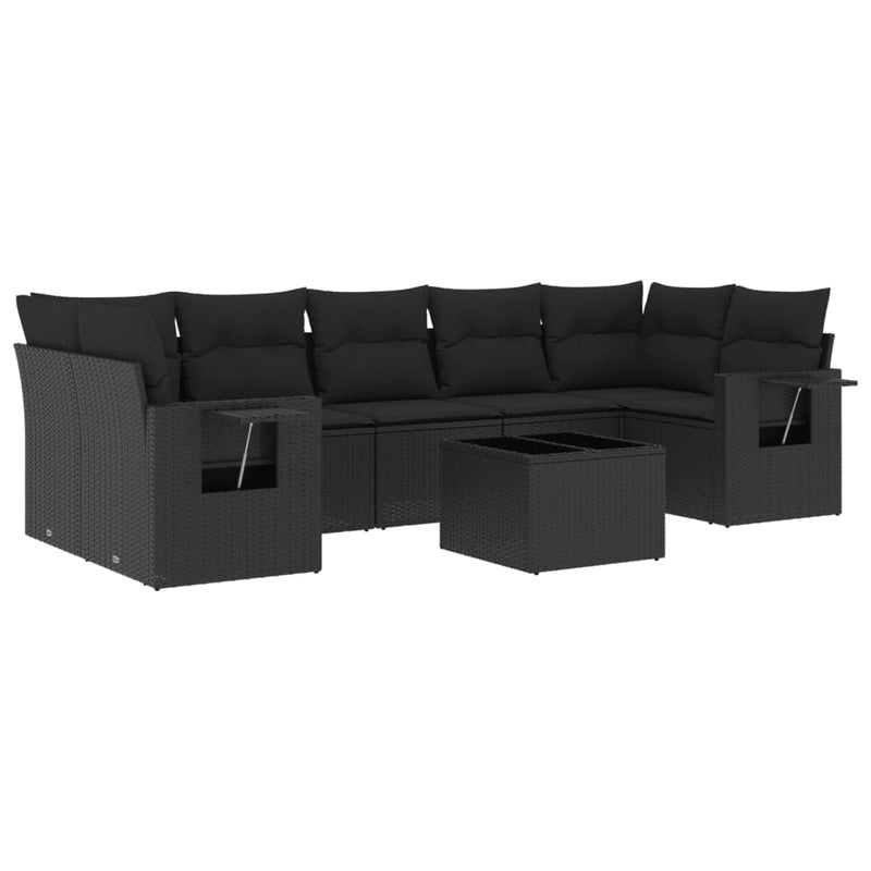 8-delige Loungeset met kussens poly rattan zwart