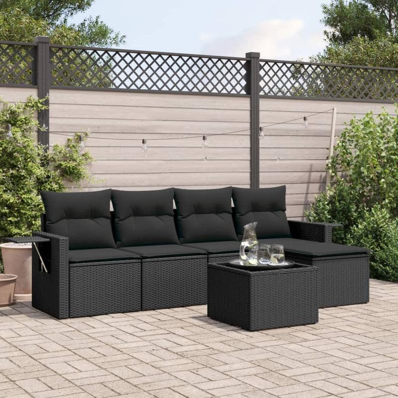 6-delige Loungeset met kussens poly rattan zwart