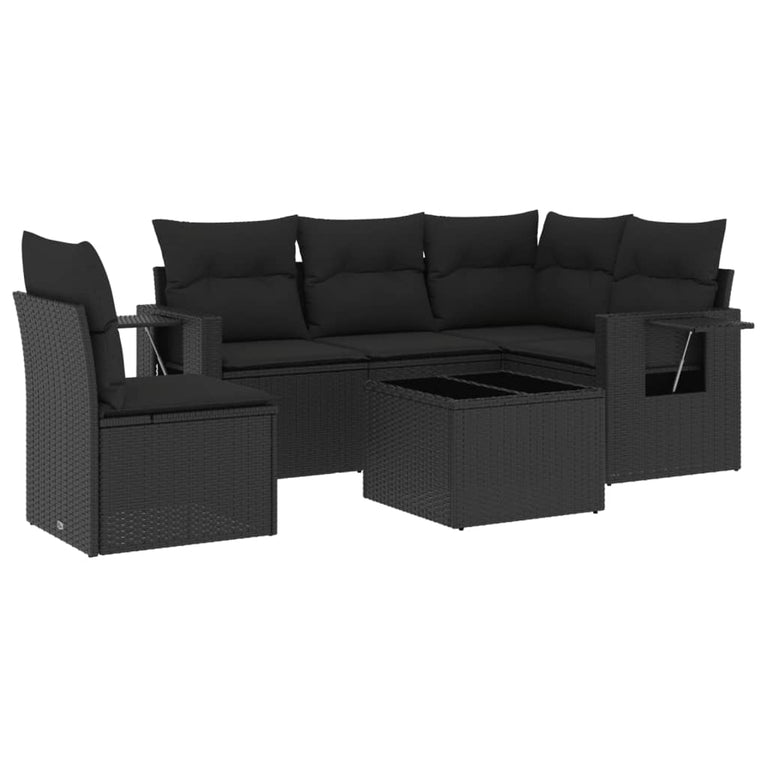 6-delige Loungeset met kussens poly rattan zwart
