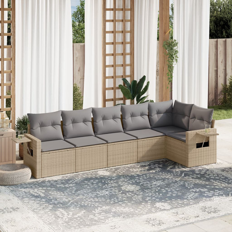 6-delige Loungeset met kussens poly rattan beige
