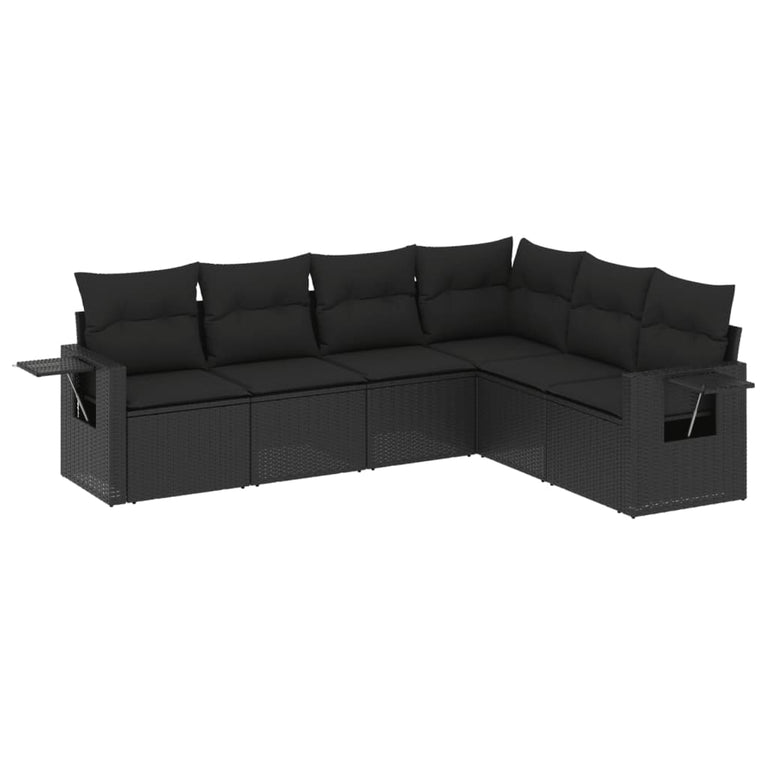 6-delige Loungeset met kussens poly rattan zwart