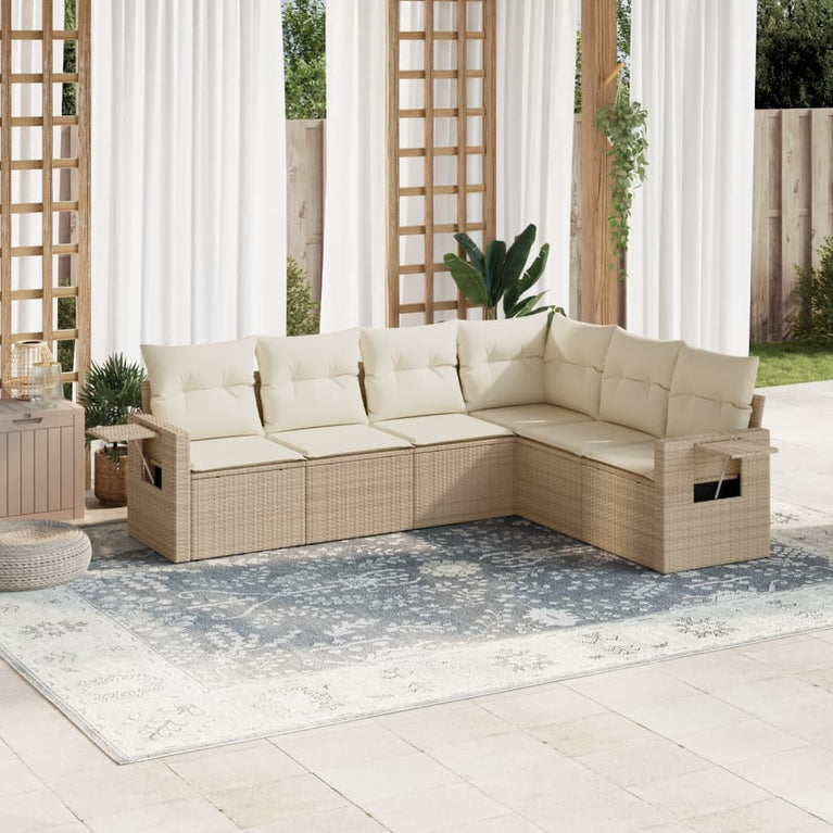 6-delige Loungeset met kussens poly rattan beige