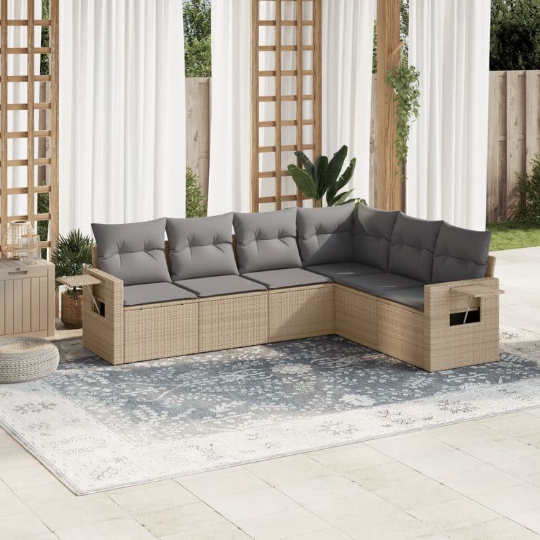 6-delige Loungeset met kussens poly rattan beige