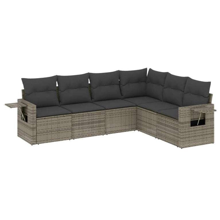 6-delige Loungeset met kussens poly rattan grijs