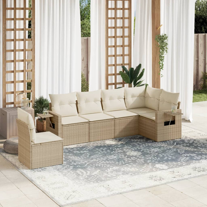 6-delige Loungeset met kussens poly rattan beige