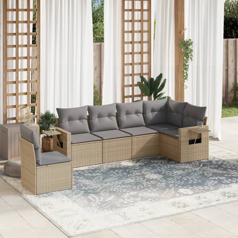 6-delige Loungeset met kussens poly rattan beige