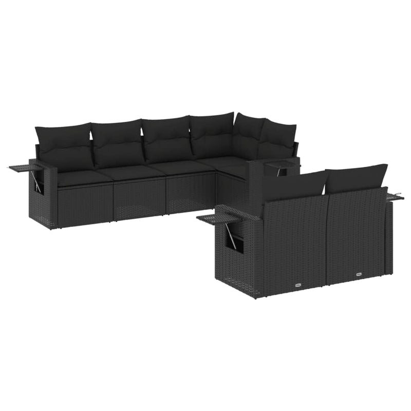 7-delige Loungeset met kussens poly rattan zwart