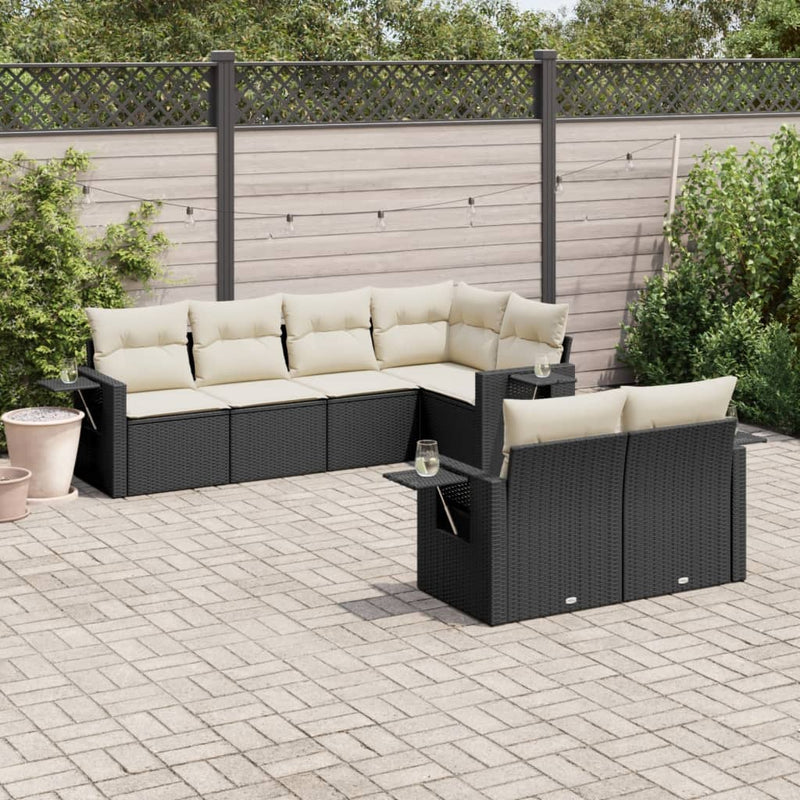 7-delige Loungeset met kussens poly rattan zwart