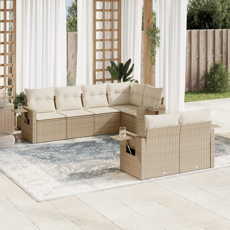 7-delige Loungeset met kussens poly rattan beige
