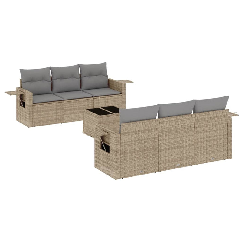 7-delige Loungeset met kussens poly rattan beige