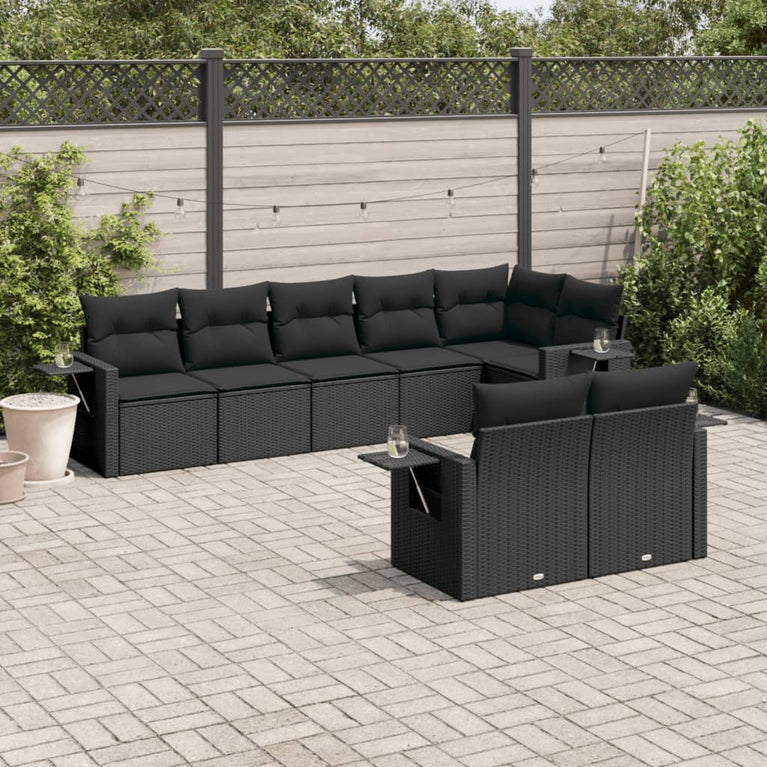 8-delige Loungeset met kussens poly rattan zwart