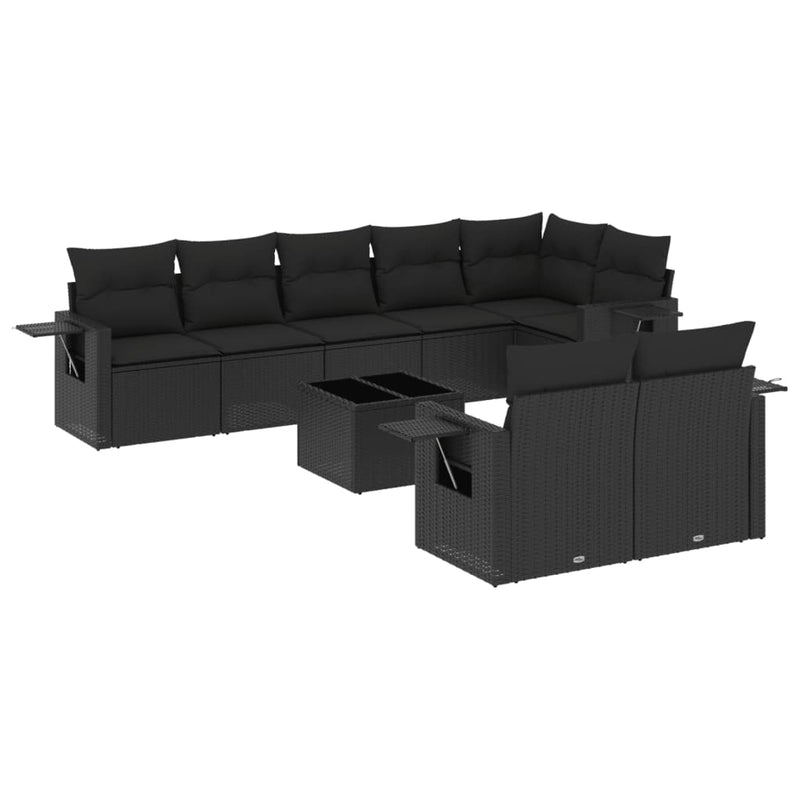 9-delige Loungeset met kussens poly rattan zwart