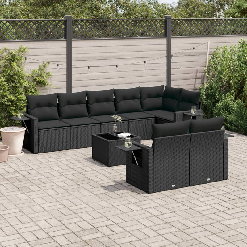 9-delige Loungeset met kussens poly rattan zwart