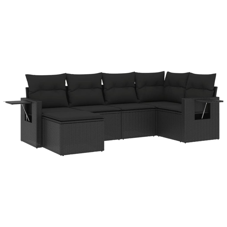 6-delige Loungeset met kussens poly rattan zwart