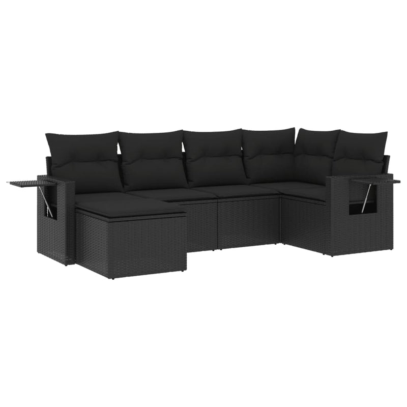 6-delige Loungeset met kussens poly rattan zwart