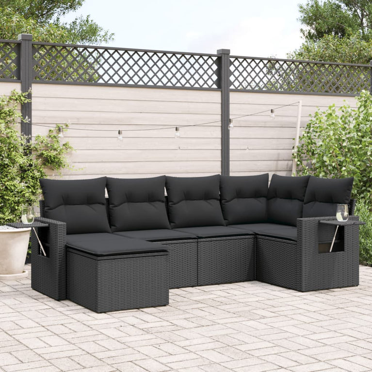 6-delige Loungeset met kussens poly rattan zwart