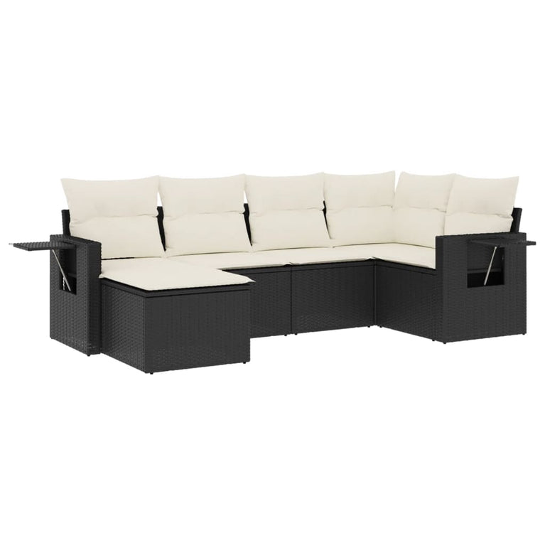6-delige Loungeset met kussens poly rattan zwart