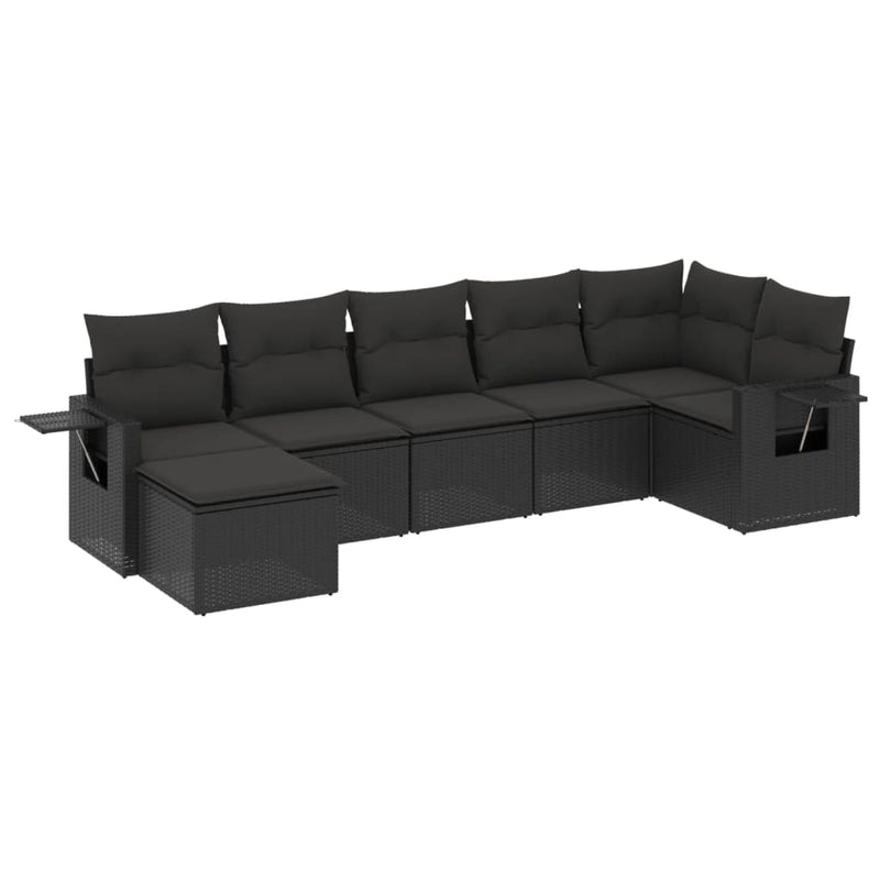 7-delige Loungeset met kussens poly rattan zwart